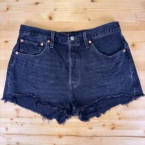 Levi's 501 Premium Big E Black Distressed Cutoff Denim Shorts Size‎ 32